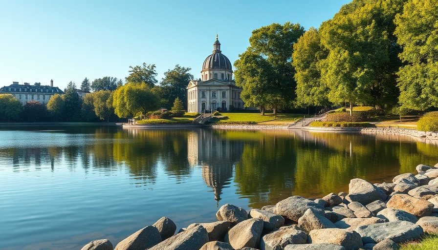 Tranquil lakeside scene in South Dakota with historic building.