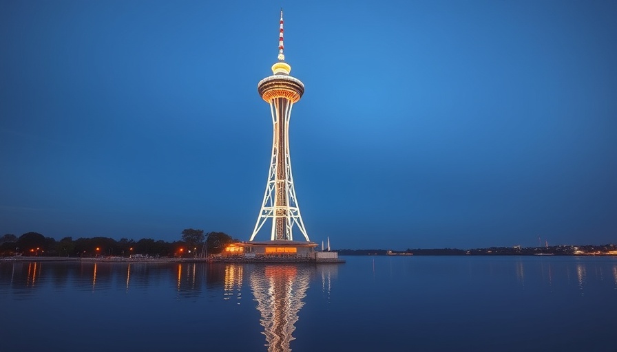 Observation tower reflecting on calm water at dusk in Pennsylvania
