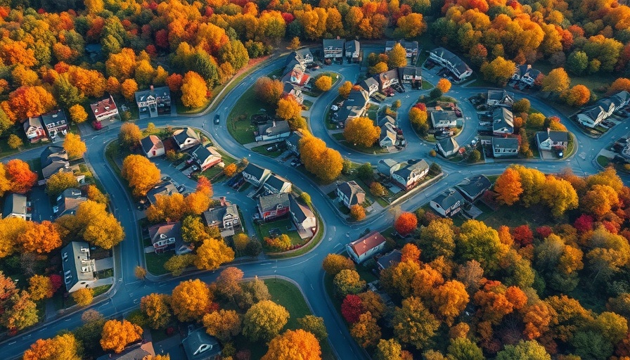 Aerial view of colorful suburban area in autumn, Wisconsin.