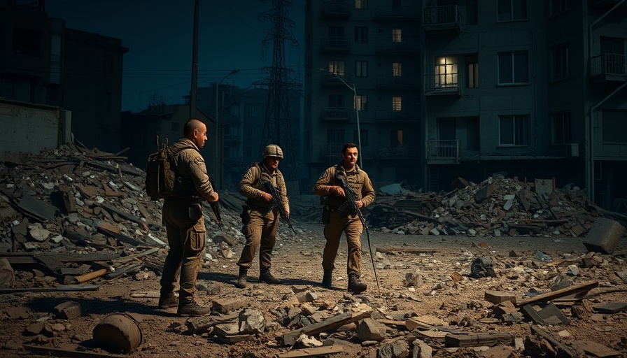 Military personnel surveying damage in urban area after strike.