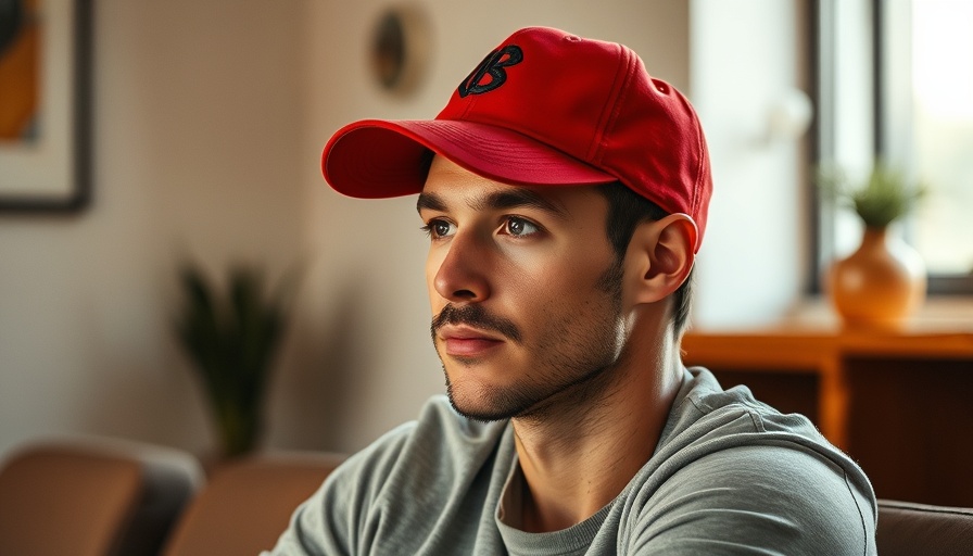 Casual man in red cap, focused, photorealistic indoors
