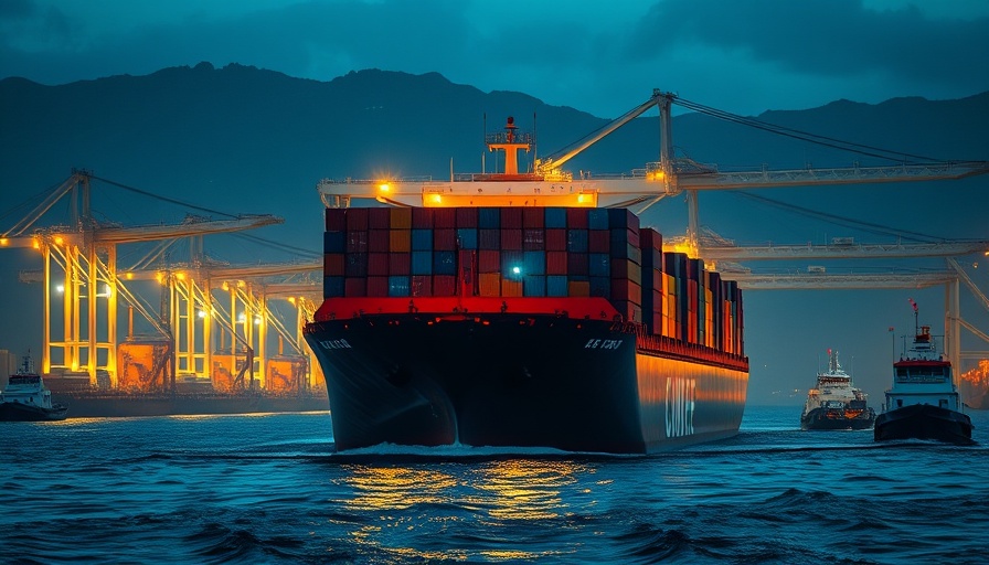 Cargo ship arriving at industrial port, illustrating US and China trade talks.