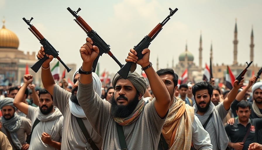 Yemeni men protesting holding rifles, city backdrop.
