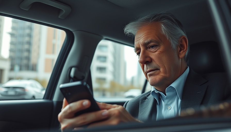 Elderly man in car using smartphone, Boomer economy Lyft Silver.