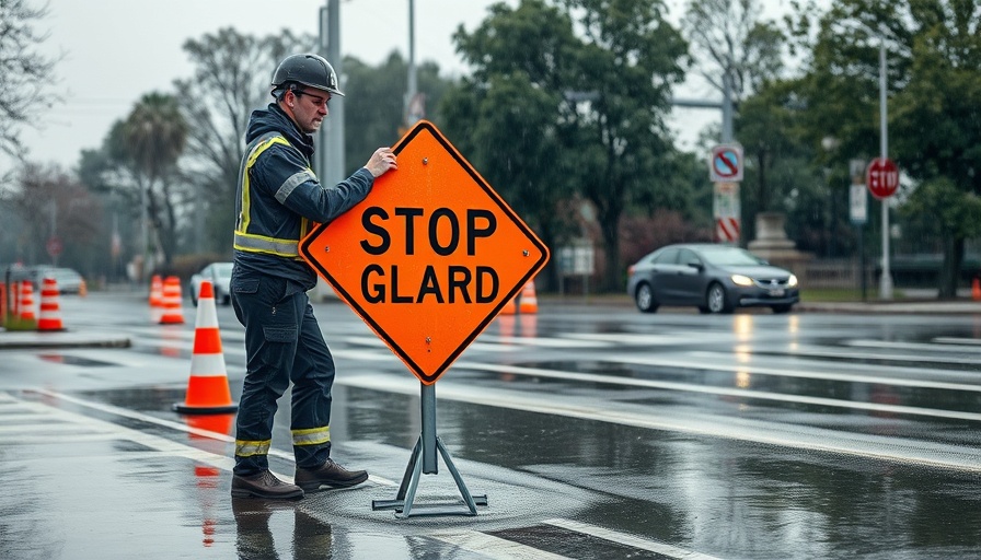 Public works employee places flooded sign in Mill Valley.