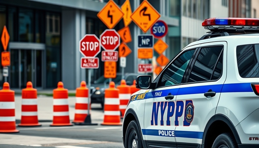 NYPD car in urban area with traffic signs, road work scene.