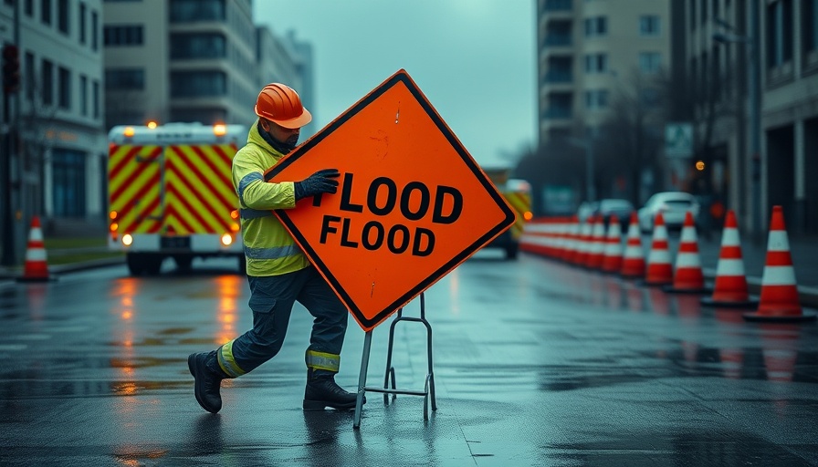 Worker setting flood sign near Mill Valley public works.
