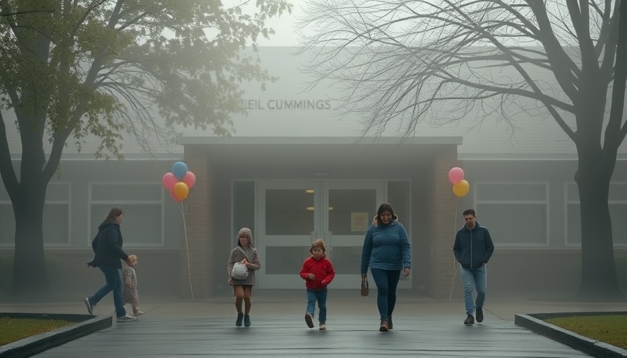 Parents and children entering Neil Cummings School on a foggy morning, local news.