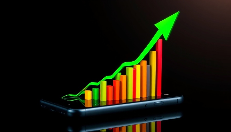Stock market news growth chart with smartphone and arrow