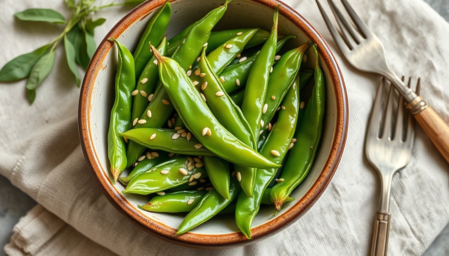 Glazed sugar snap peas with sesame seeds in ceramic bowl, easy dinner ideas.