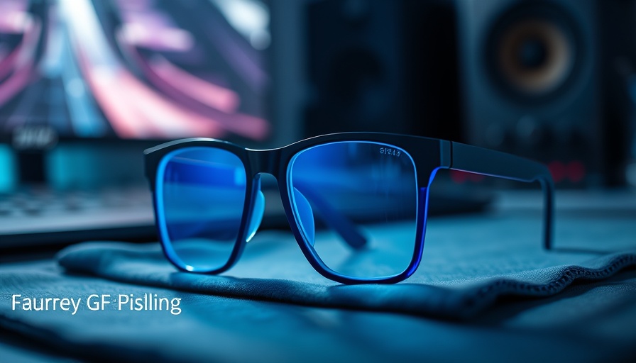 Sleek blue light blocking glasses on cloth with gaming setup backdrop.