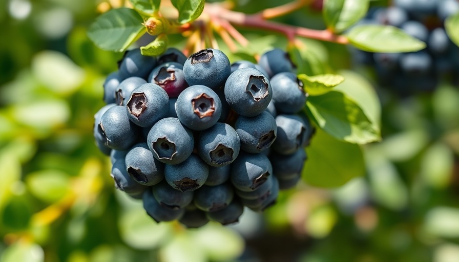 Ripe blueberries cluster in container garden setting, vibrant and lush.