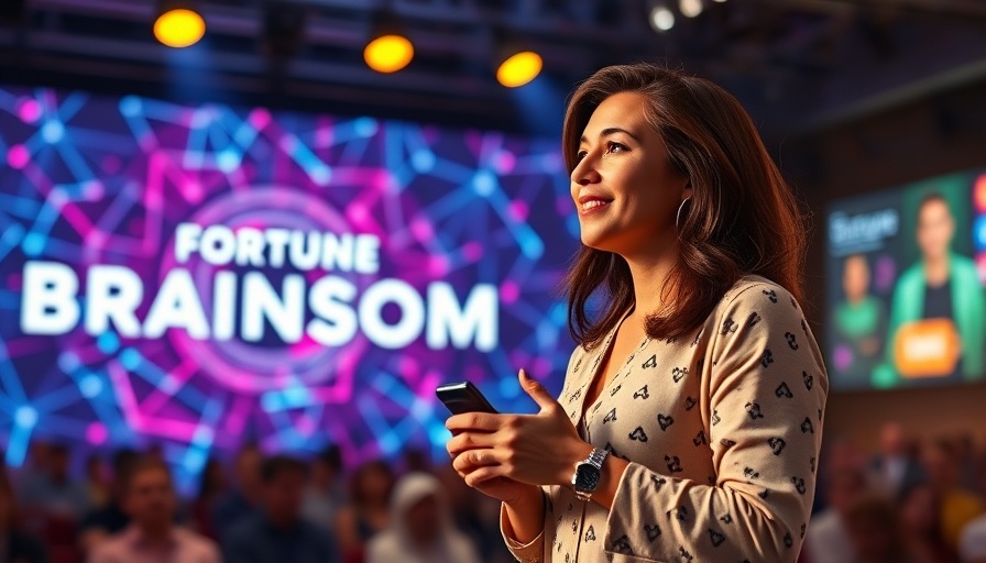 Woman presenting at Fortune Brainstorm AI event, network visuals.