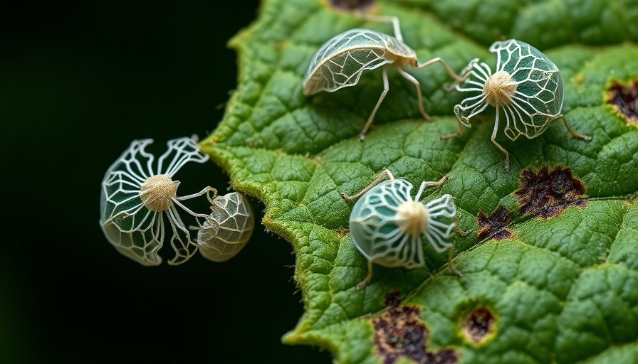 Close-up of lace bugs on a damaged leaf, lace bug control focus.