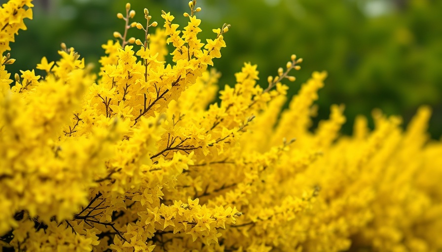 Forsythia hedge in bloom with vibrant yellow flowers.