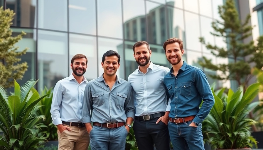 Casual group of four men in front of a modern office building.