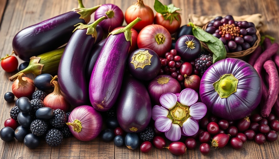 Vibrant assorted purple foods on wooden surface highlighting health benefits.