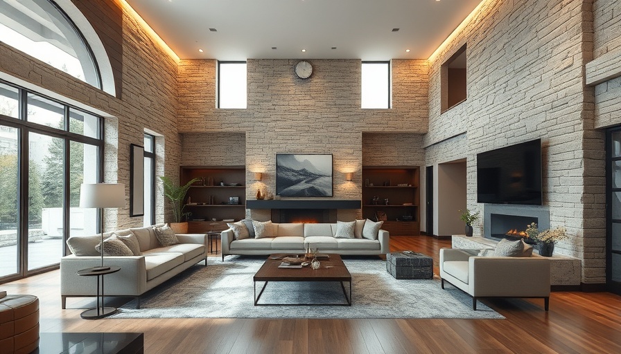Luxurious living room with stone wall cladding and decor.