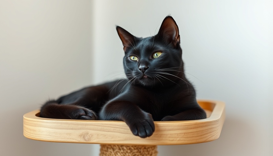 DIY cat tree with black cat on wooden perch in bright room.