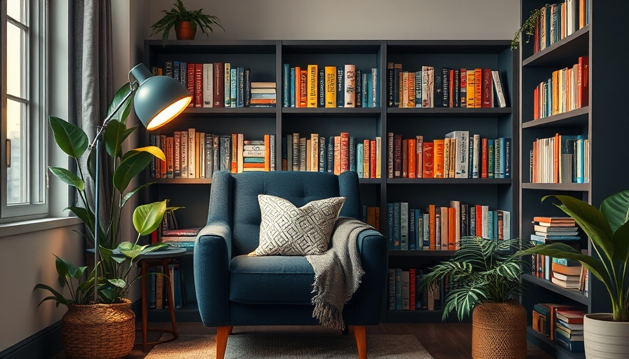 Cozy at-home library with bookshelves and comfy armchair.