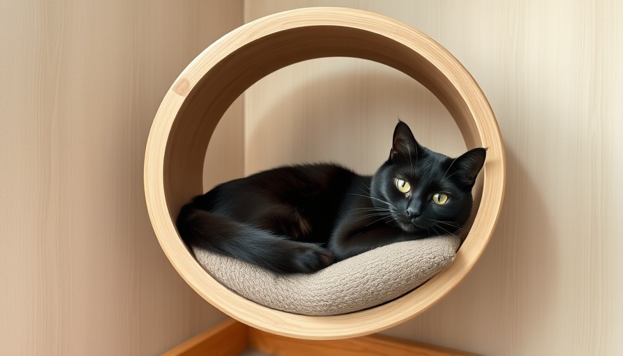 DIY Cat Tree with black cat resting in a wooden perch.