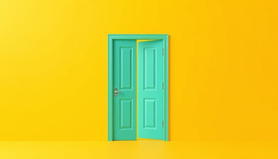 Minimalistic turquoise door on a yellow background symbolizing business startup shutdown.