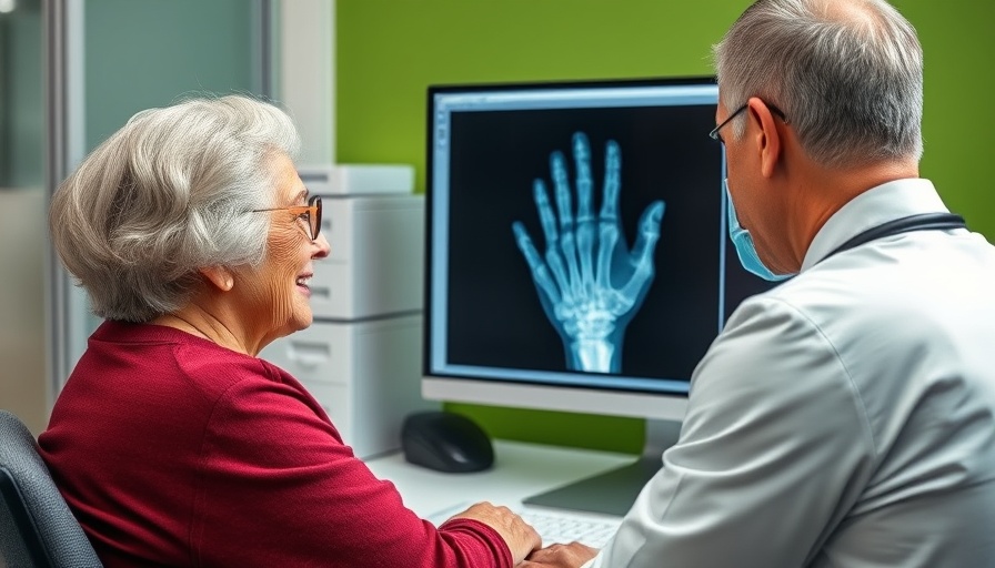 Senior woman reviewing hand X-ray with doctor for bone health.