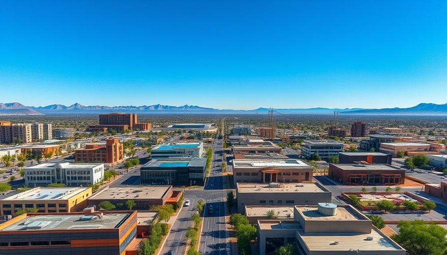 Aerial view of Mesa Arizona's urban landscape, showcasing modern architecture.