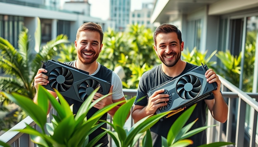 Enthusiastic men showcasing gaming GPUs on a sunny balcony.
