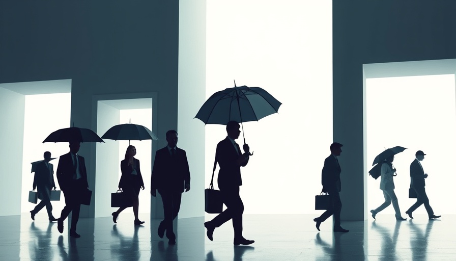 Surreal depiction of people under umbrellas during 2025 tech layoffs.