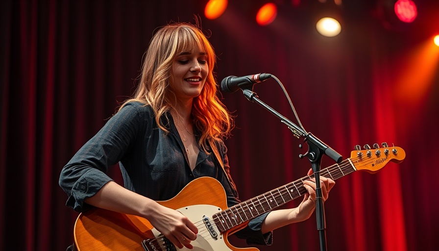 Live concert performance with female musician playing guitar on stage.