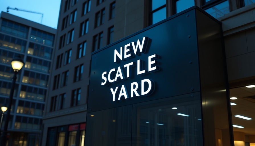 New Scotland Yard sign at dusk outside headquarters.