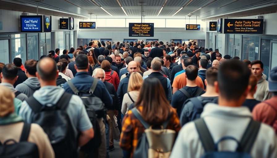 Travelers queuing at UK border with immigration signs.