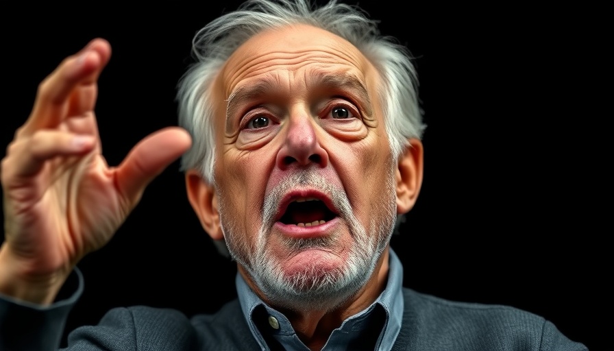 Elderly man passionately speaking into microphone; tariff chaos.