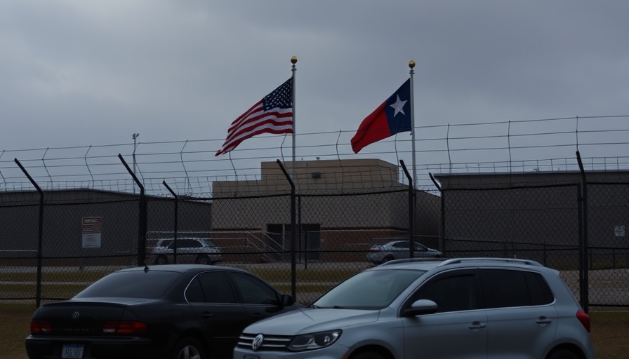 Detention center exterior with flags and cars, related to deportations to Libya.