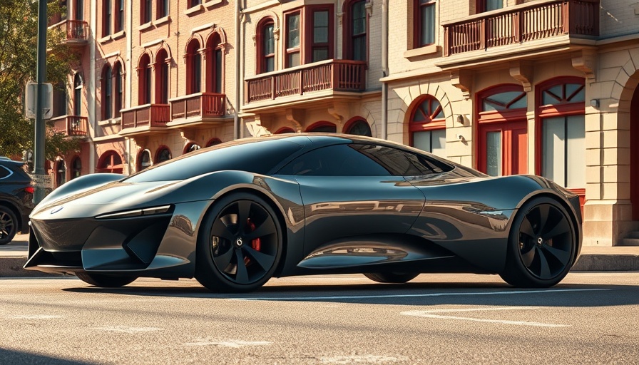 Tesla Robotaxi trademark sleek car parked by vintage building.