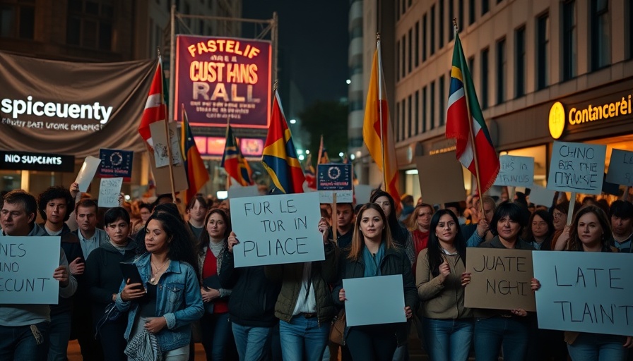 Protesters demonstrate at night holding signs and flags in urban setting.