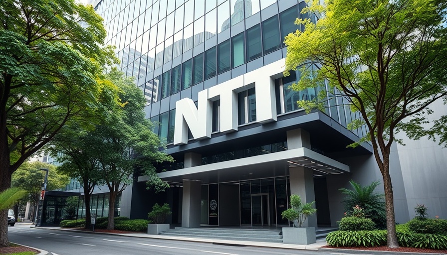 NTT corporate sign at building entrance amid greenery, highlighting acquisition plans.