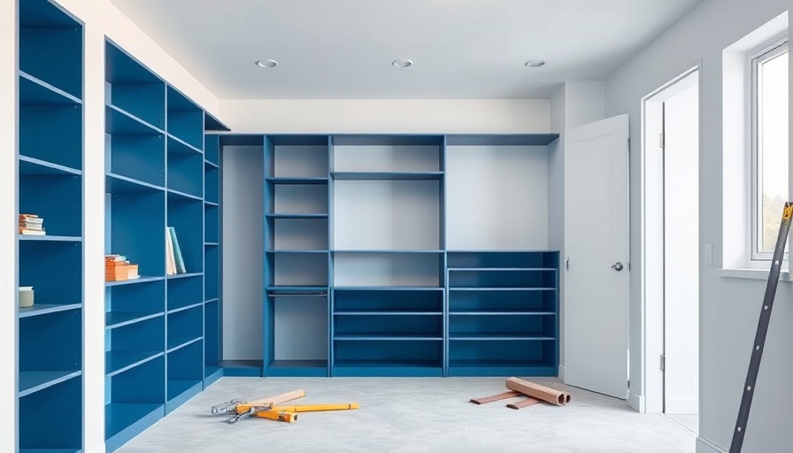 Modern DIY walk-in closet under construction with blue shelves.