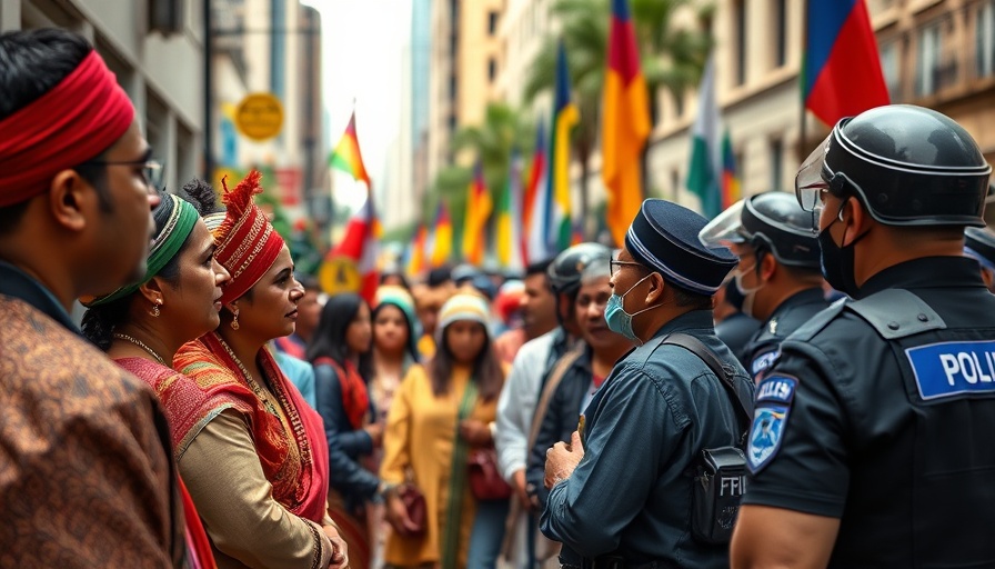 Traditional gathering in Europe with police amidst flags.