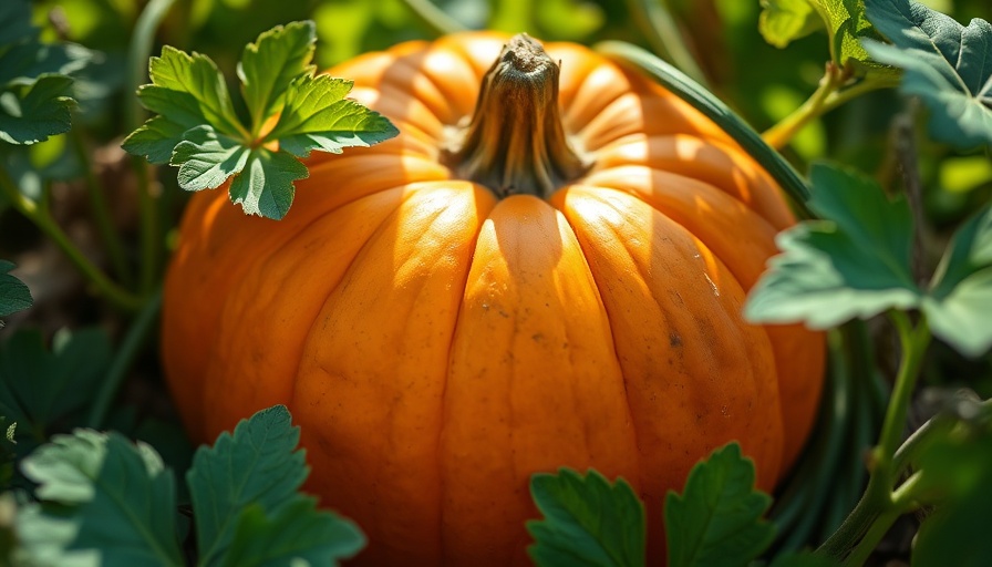 Ripe orange pumpkin among leaves in a sunlit garden.