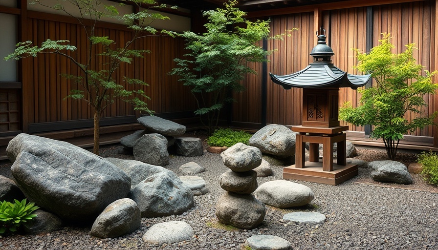 Serene Japanese zen garden with rocks and lantern, tranquil setting.