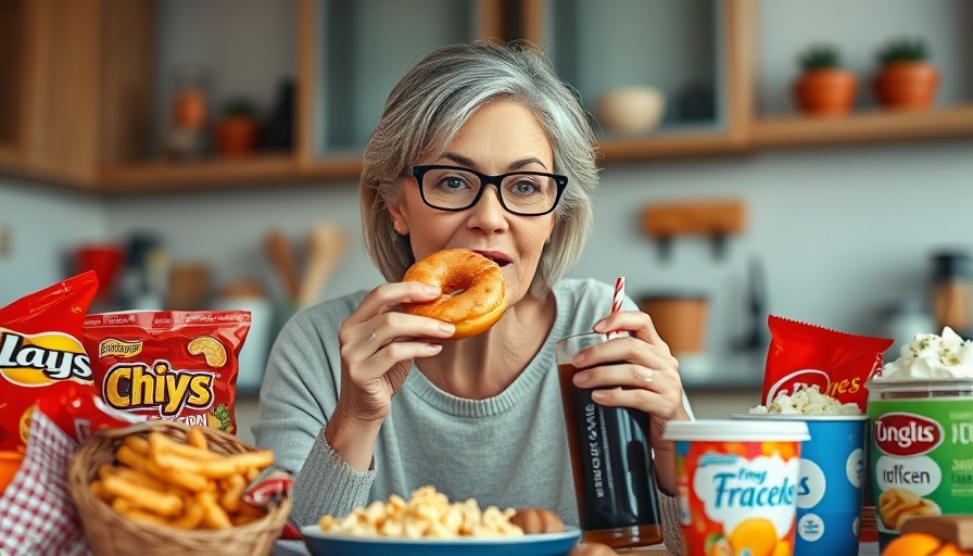 Woman enjoying ultra-processed foods in a kitchen setting.