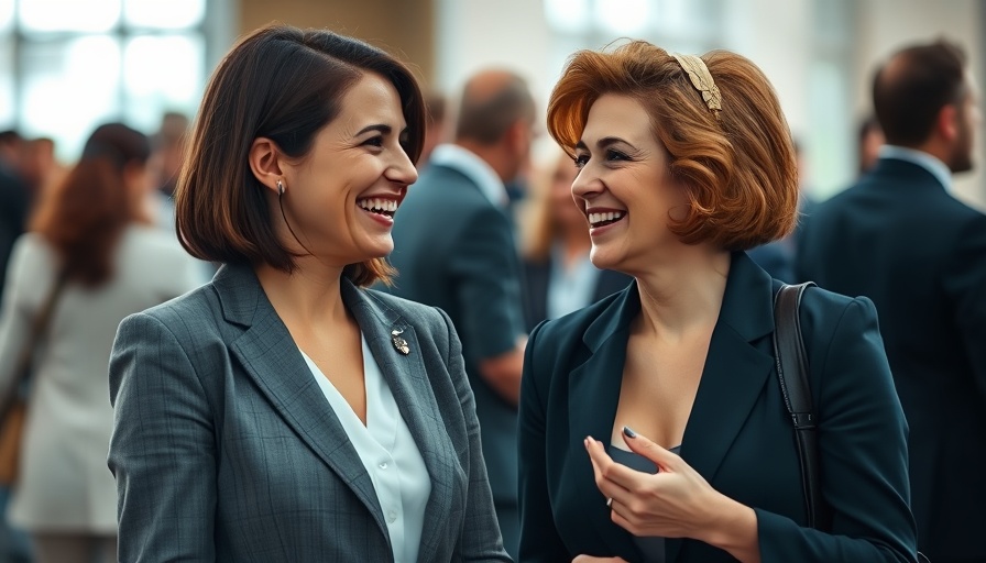 Women smiling in business setting during announcement.