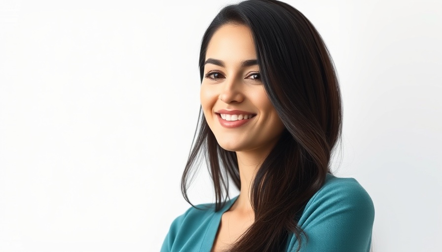 Confident woman smiling softly with long dark hair and green outfit.