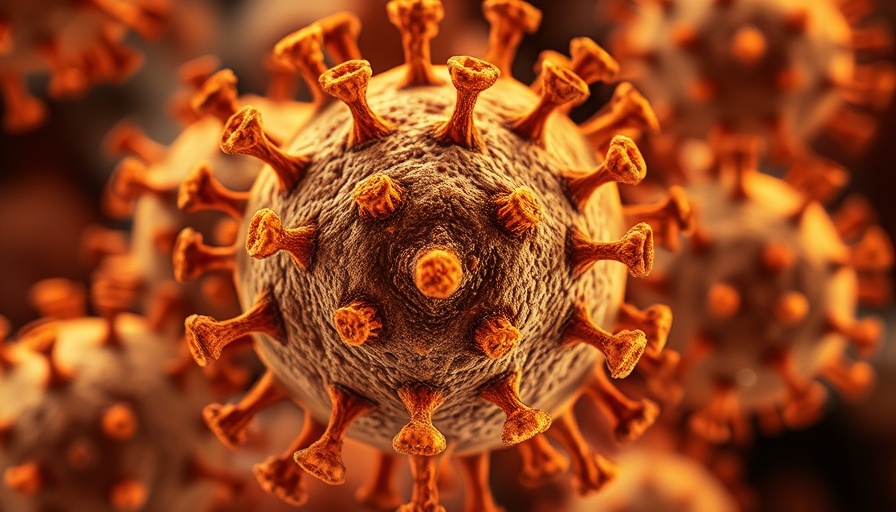 Microscopic view of influenza virus particles amidst cell structures.
