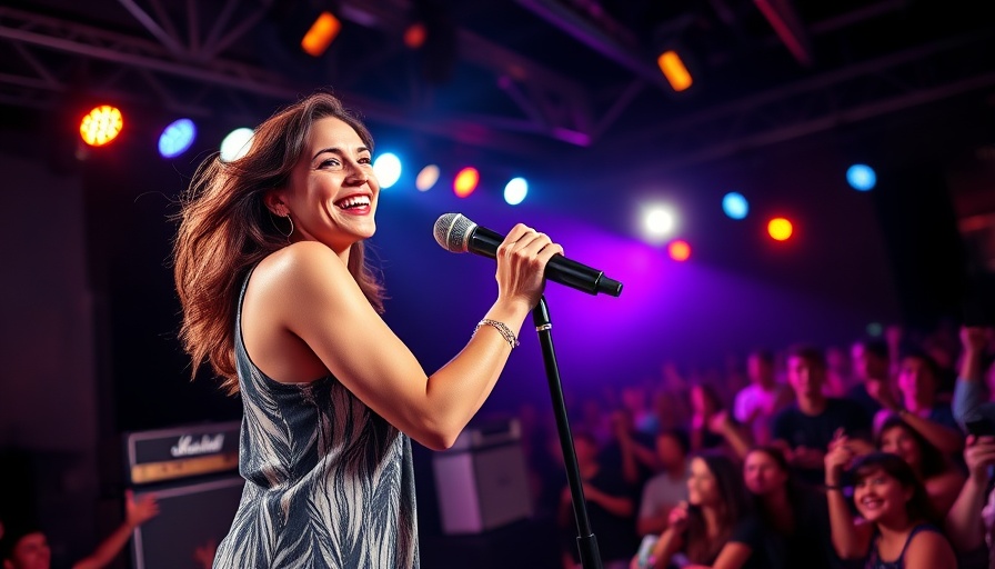 Vibrant performer smiling on stage with bright lights during live concert.