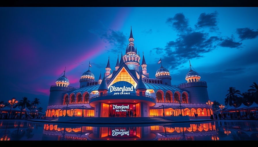 Futuristic Disneyland Abu Dhabi concept under a vibrant sky.