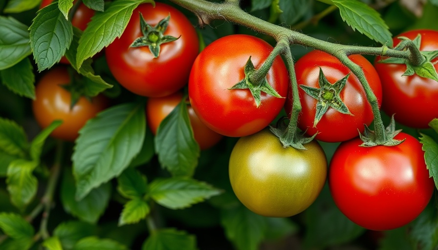 Vibrant tomatoes growing on a plant in a lush garden setting.
