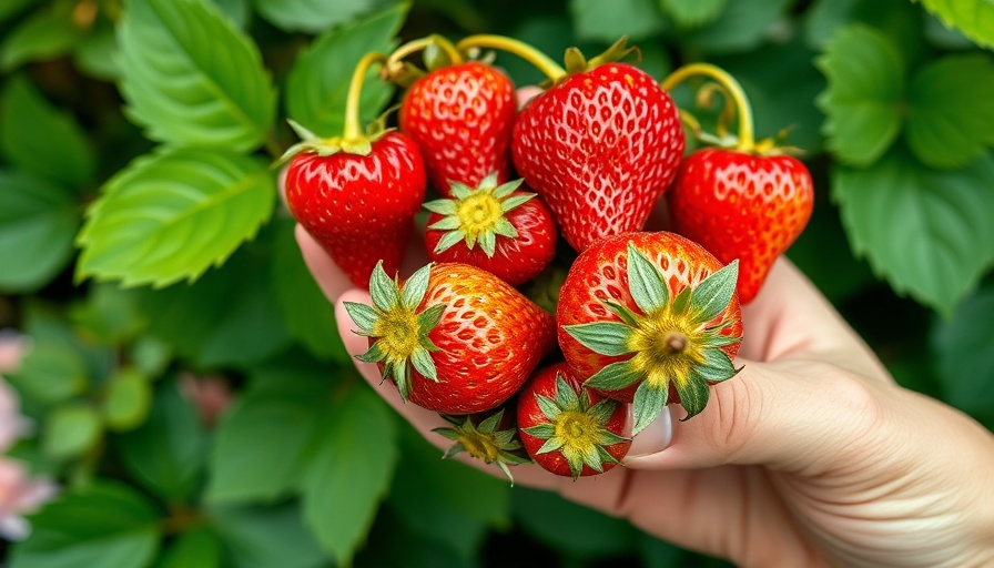 Strawberries growing with leaves in garden.